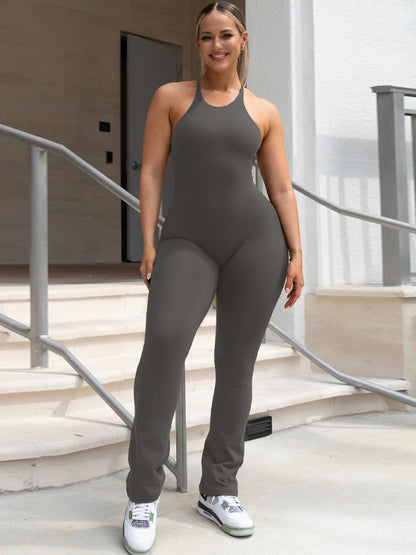 Skinny Wrap Back Cross Hollow Solid Color Yoga Jumpsuits