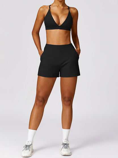 Wrap Pockets Solid Color Sports Shorts