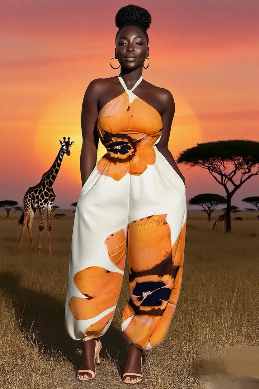 Floral Print Halter Cinched Vacay Tapered Leg Jumpsuit-White [Pre Order]