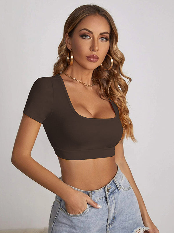 Cropped Skinny Solid Color T-Shirts Square-Neck Tank