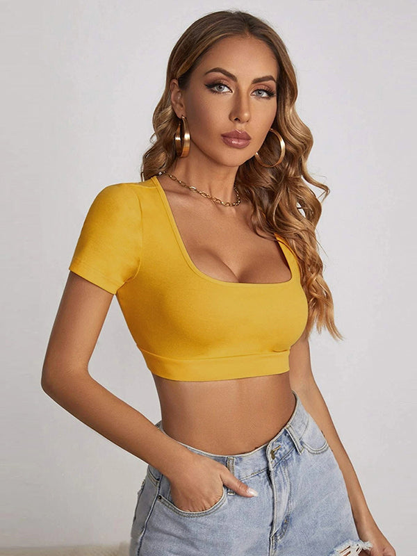 Cropped Skinny Solid Color T-Shirts Square-Neck Tank