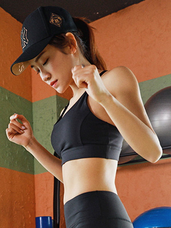 Skinny Wrap Hollow Solid Color Split-Joint Spaghetti-Neck Sports Bra