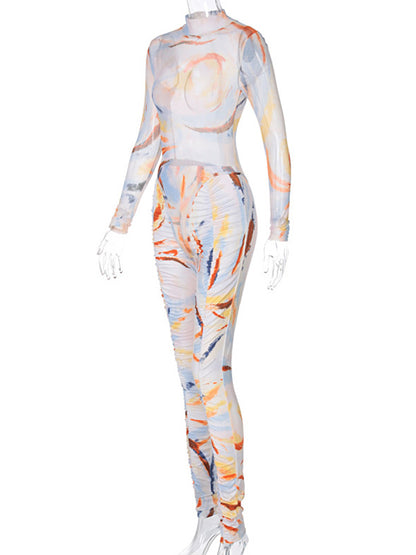 Tie-Dye Printed Long-Sleeved Bodysuits&Leggings Suits