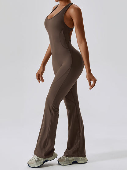 Skinny Wrap Backless Solid Color U-Neck Jumpsuits