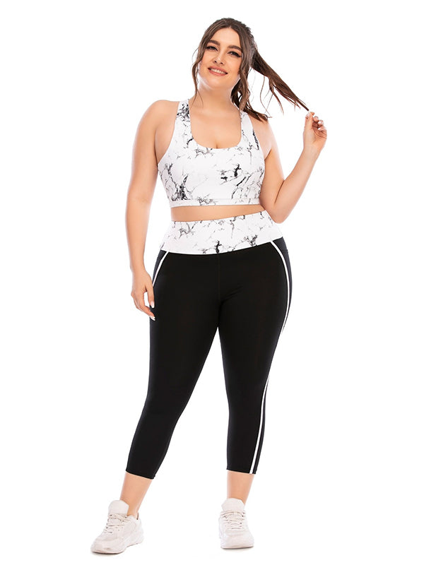 Plus Size Color-Block High-Waisted Hollow Printed Spaghetti-Neck Bra&Leggings Suits