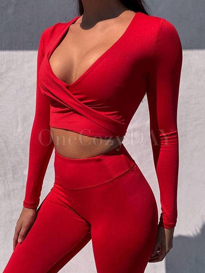 V-Neck Long Sleeves Exposed Navel Suits