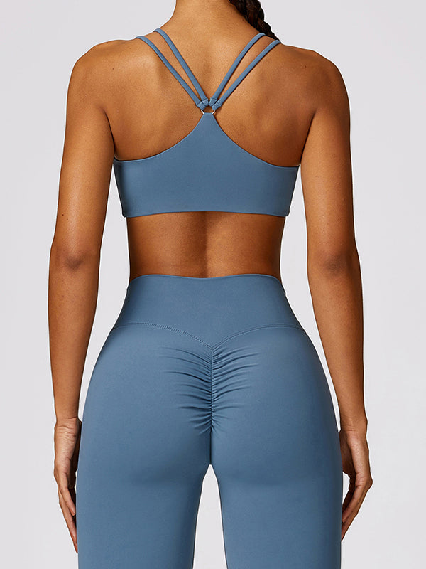 Wrap Hollow Solid Color Spaghetti-Neck Sports Bra