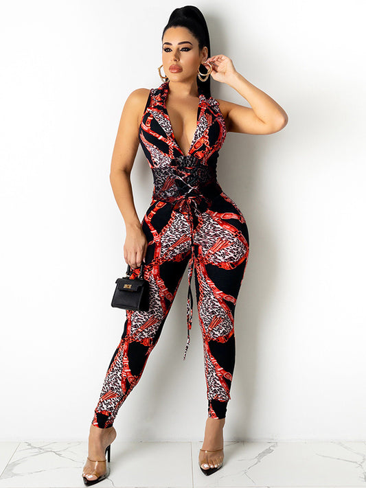 Deep V-Neck Sleeveless Floral Drawstring Slim Casual Jumpsuit