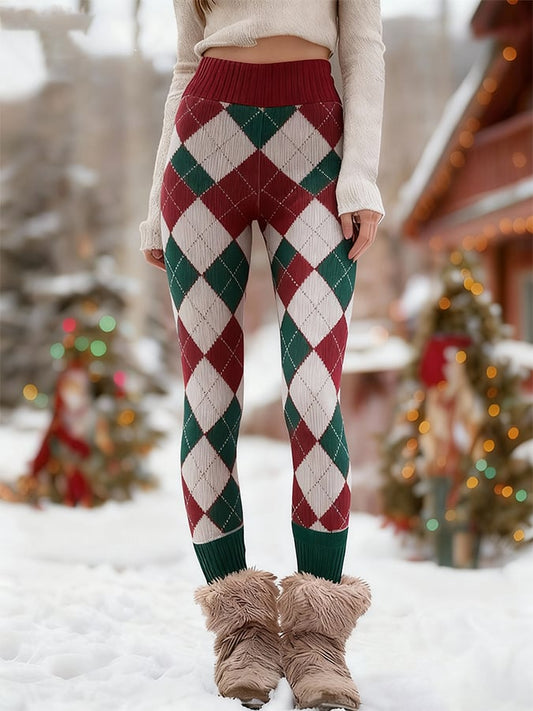 Women'S Christmas Contrasting Diamond Pattern Tight High-Elastic Leggings