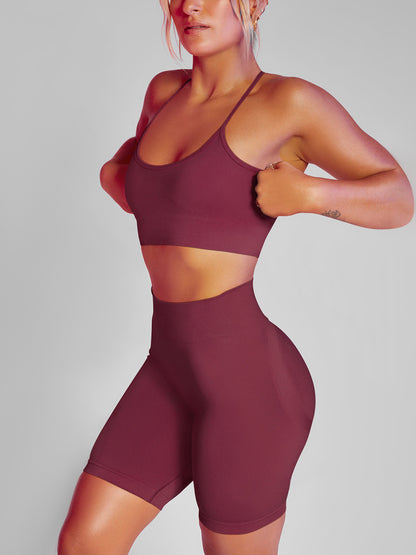 Solid Color Back Crossover Bra & Leggings Sports Suits