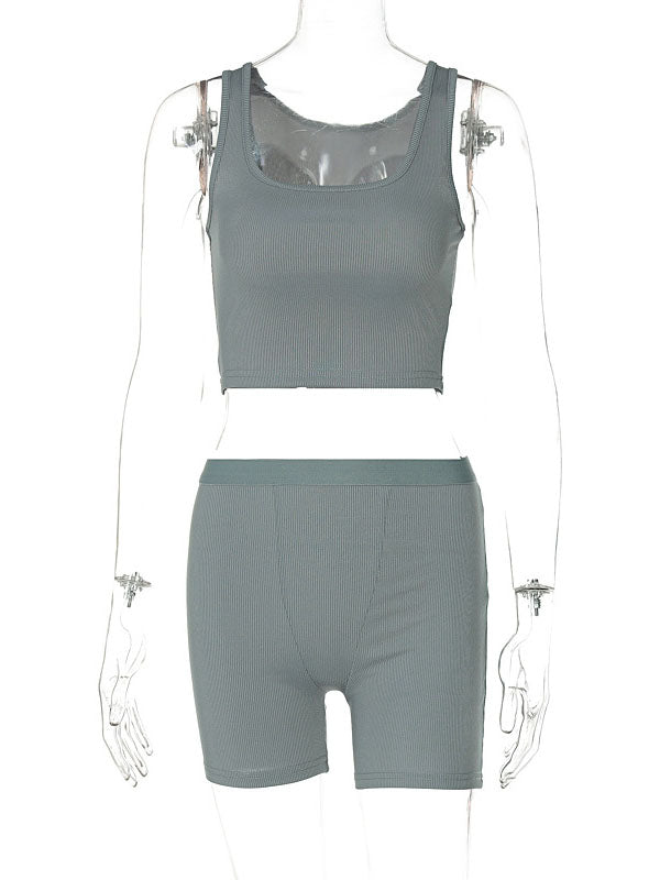 Skinny Wrap Sports Bra&Shorts Solid Color Spaghetti-Neck Suits