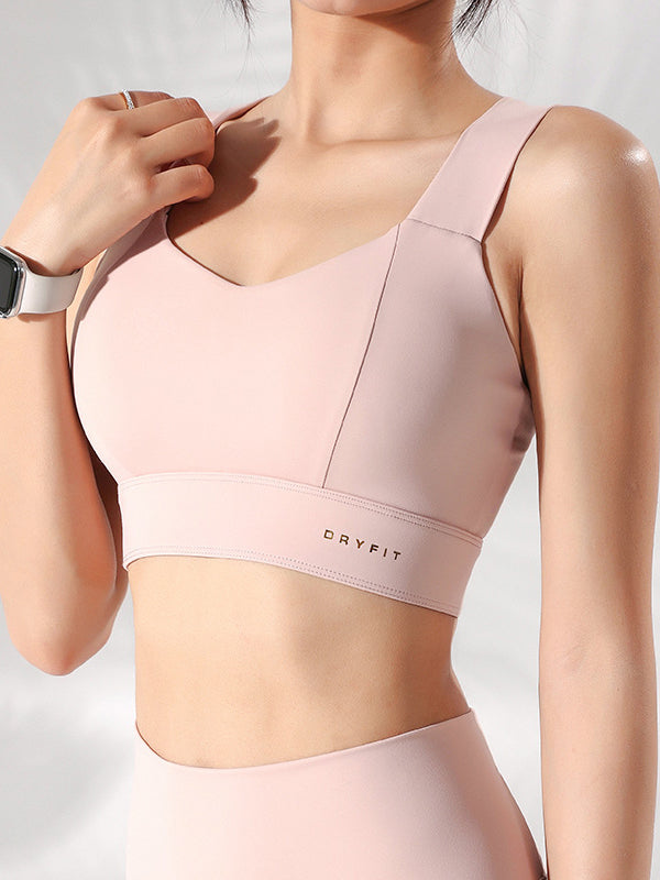 Wrap Back Cross Breathable Hollow Letter Print Solid Color Skinny Sports Bra