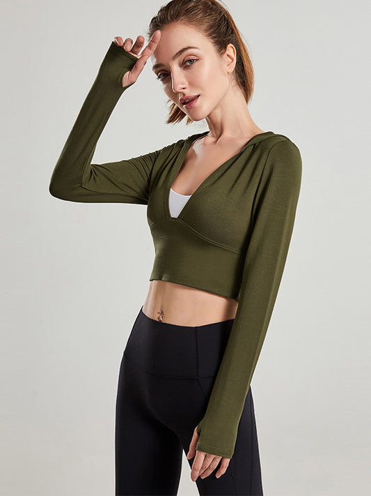 Cropped Long Sleeves Hooded Solid Color Split-Joint U-Neck Yoga Tops