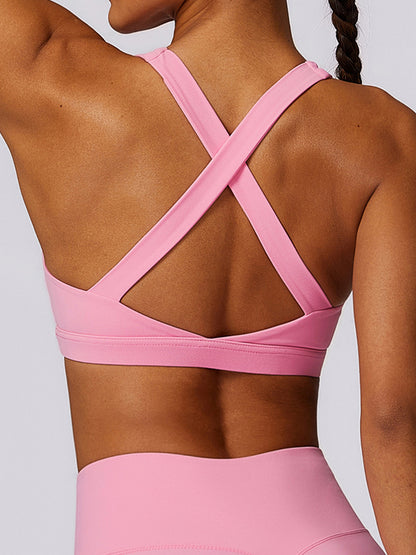 Skinny Wrap Back Cross Hollow Solid Color Square-Neck Sports Bra