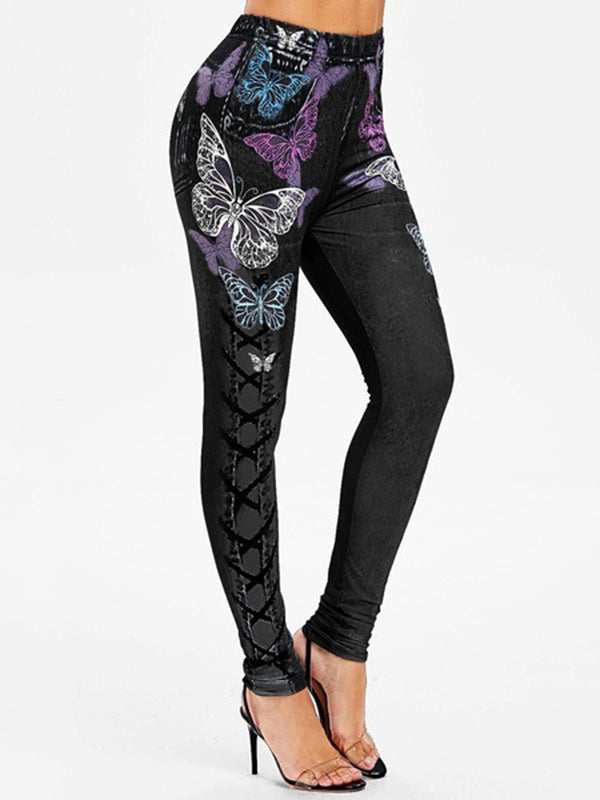 Fashion High-Waisted Butterflies Print Slim Fitness Leggings