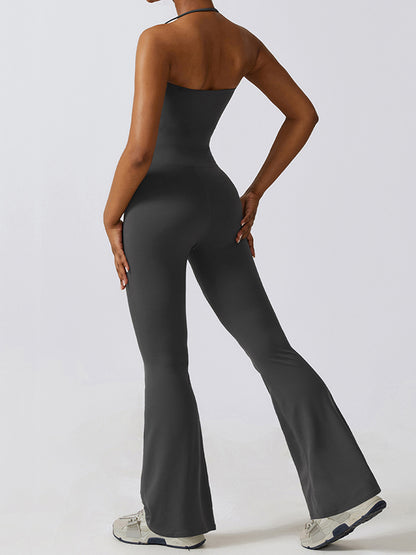 Flared Pants Skinny Leg Backless Detachable Solid Color Halter-Neck Jumpsuits