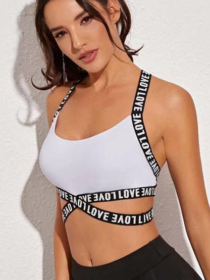 Sexy Wrap Printed Letters Back Cross Sports Bra