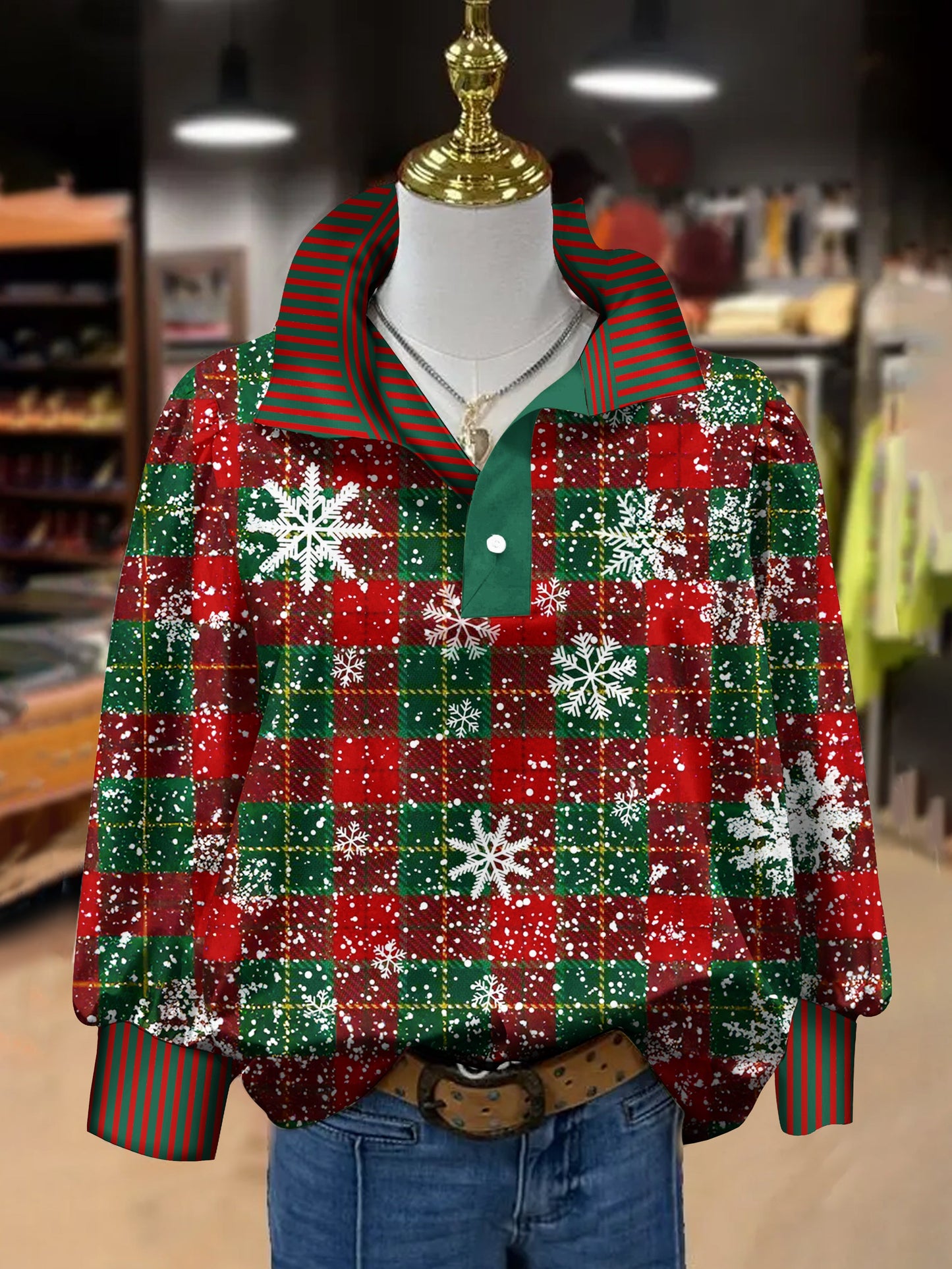 Retro Christmas Snowflake Print Long Sleeve Top