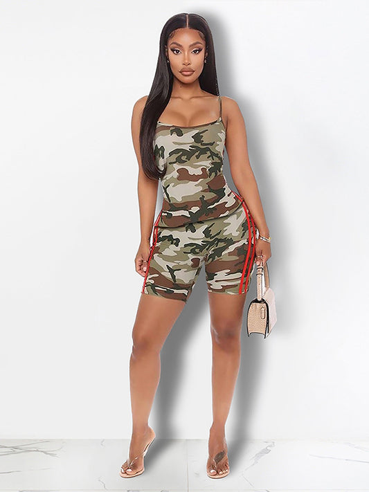 Camouflage Skinny Sleeveless Spaghetti-Neck Vest&Shorts Suits