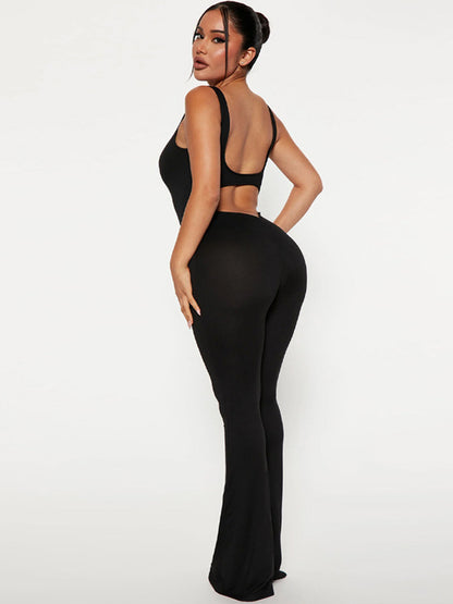 Backless Hollow Solid Color Flared U-Neck Jumpsuits