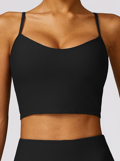 Skinny Wrap Hollow Solid Color Spaghetti-Neck Sports Bra