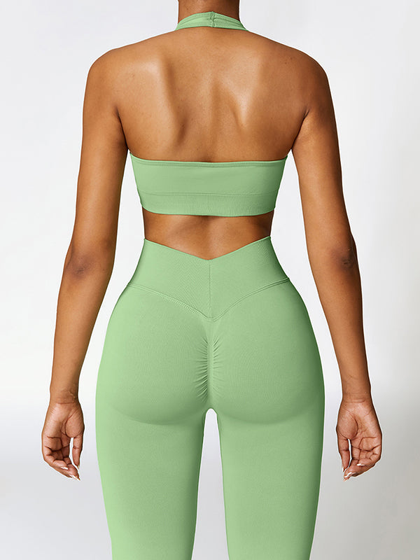 Skinny Wrap Backless Solid Color Halter-Neck Sports Bra