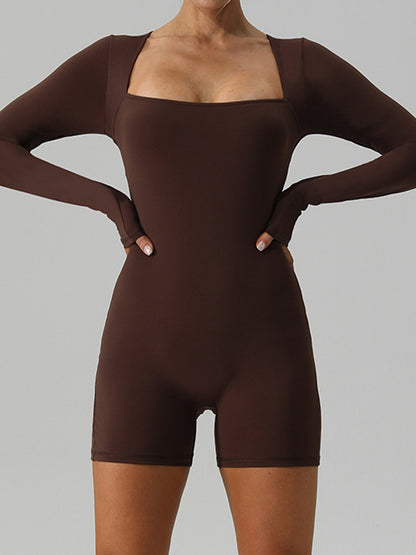 Long Sleeves Skinny Solid Color Square-Neck Sports Rompers