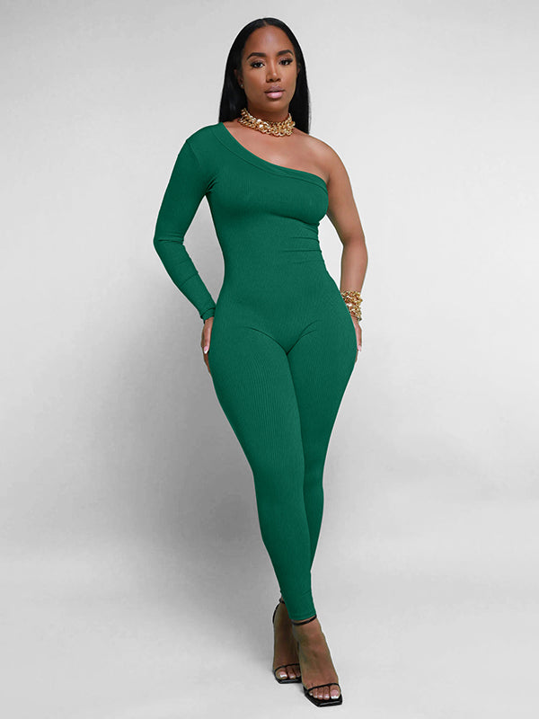 Skinny Wrap Solid Color One-Shoulder Jumpsuits