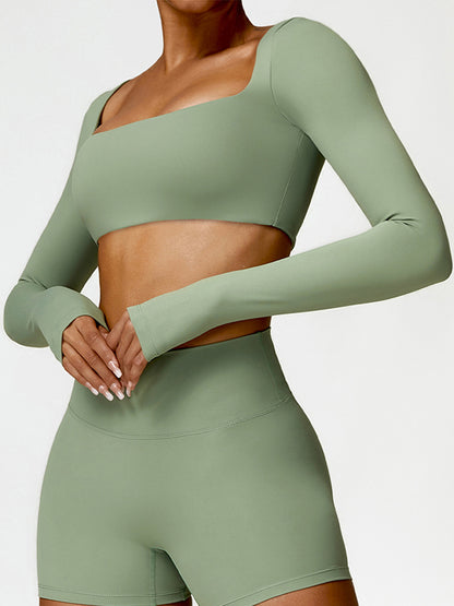 Skinny Wrap Solid Color Square-Neck Yoga Tops