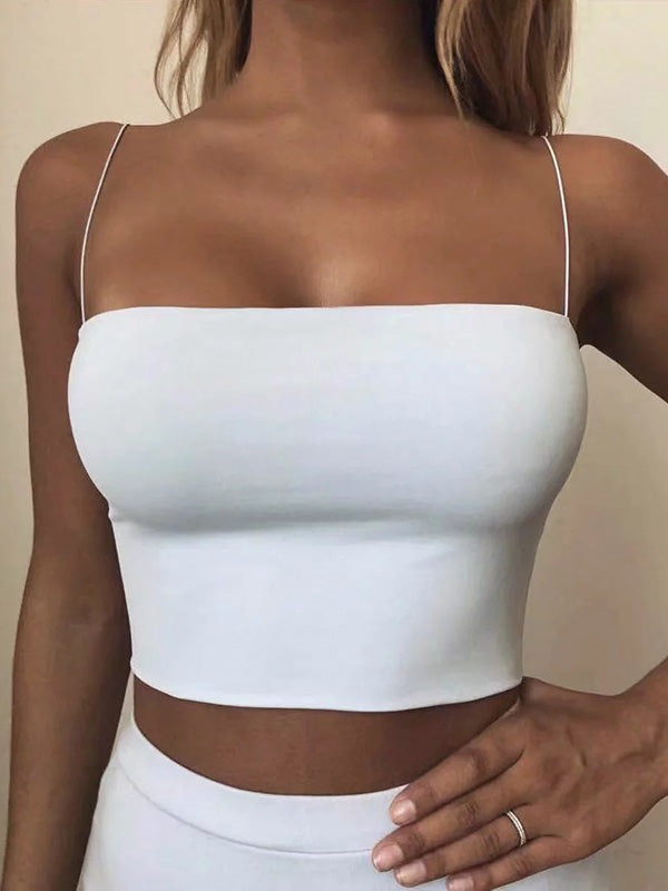 Solid Color Bandeau Flexible Spaghetti-Neck Short Navel Tank