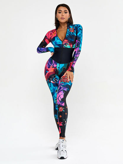 Long Sleeves Printed Split-Joint Zipper Jumpsuits