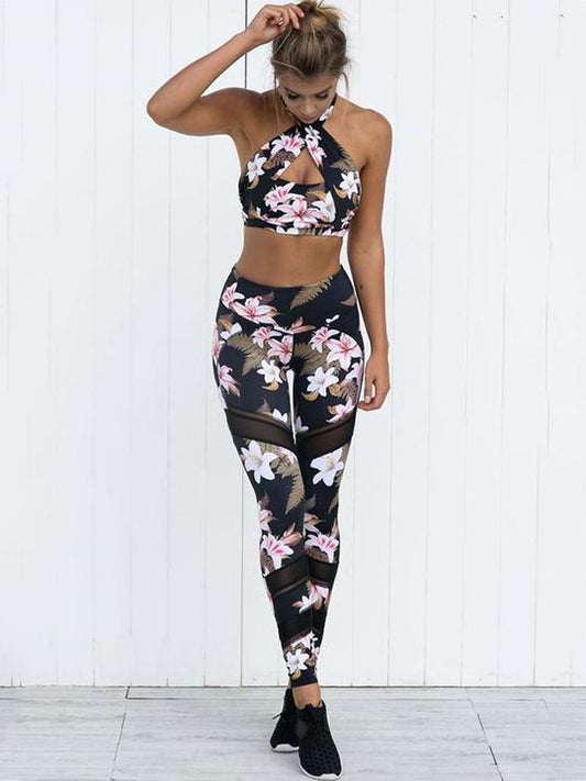 Flower Printed Front Cross Tanks And Leggings Suits