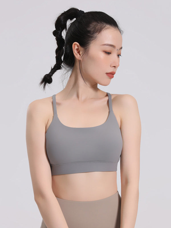 Skinny Wrap Hollow Solid Color V-Back Spaghetti-Neck Sports Bra