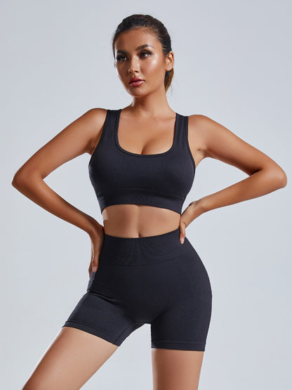 Skinny Sleeveless Hollow Sports Bra&Shorts Solid Color Spaghetti-Neck Suits