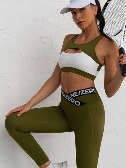 Contrast Color Hollow Skinny U-Neck Yoga Suits Sports Bra&Leggings