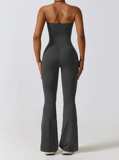 Flared Pants Skinny Leg Backless Detachable Solid Color Halter-Neck Jumpsuits