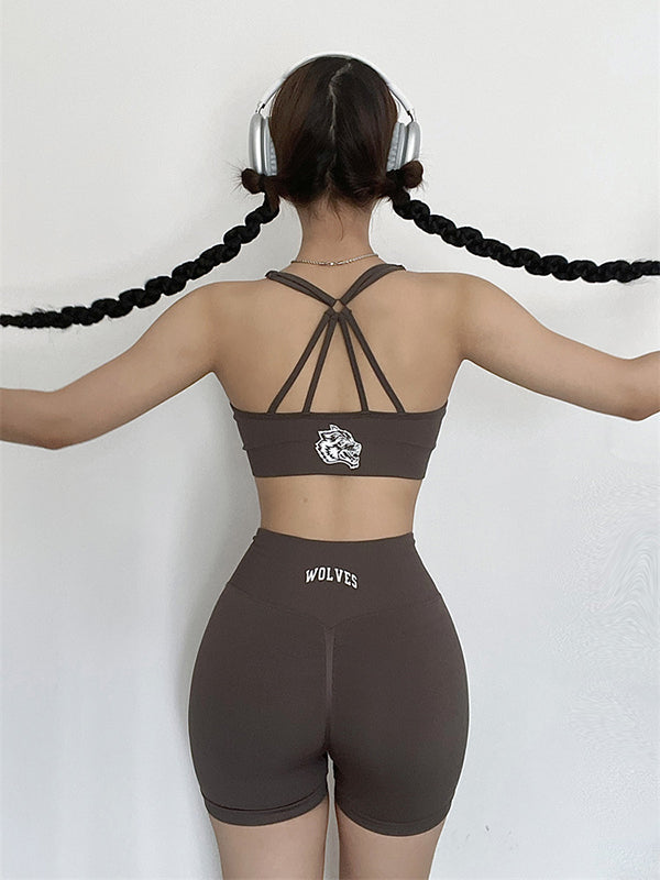 Skinny High-Waisted Hollow Letter Print Spaghetti-Neck Sports Bra&Shorts Suits