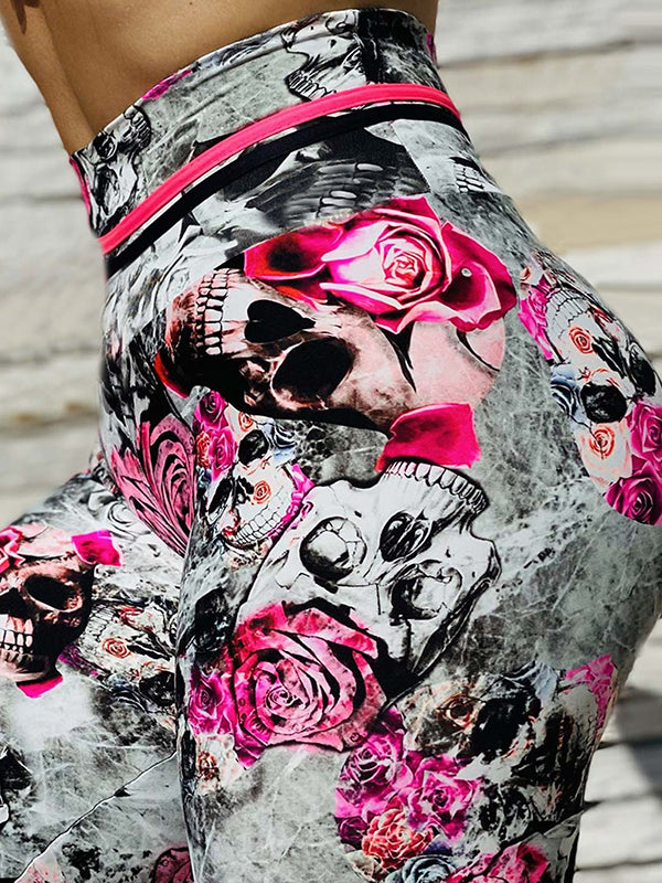 Floral&Skull Print Skinny Leg Wrap High-Waisted Leggings