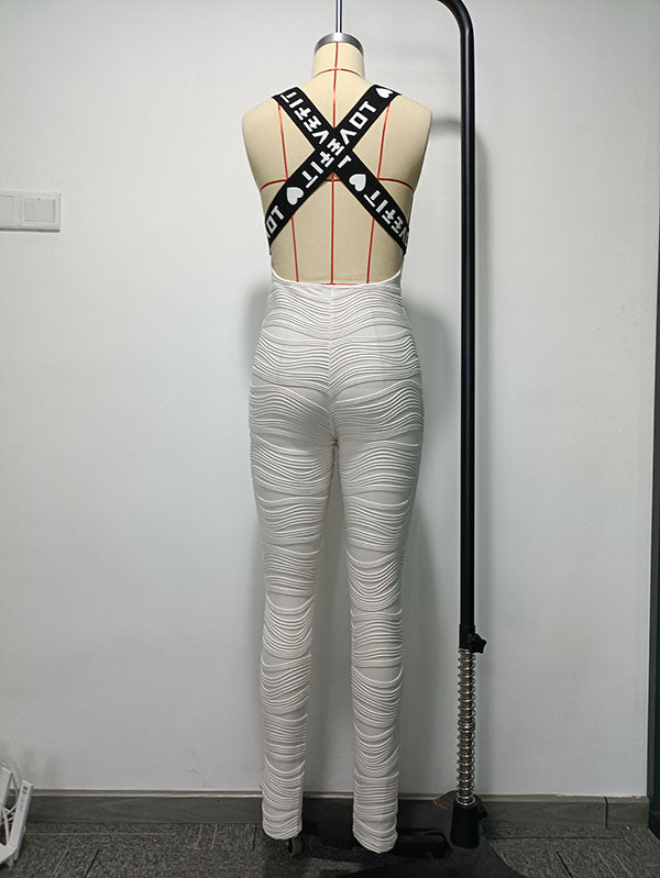 Textured Back-Cross Letter Print Sculpt Wrap Sport Jumpsuits