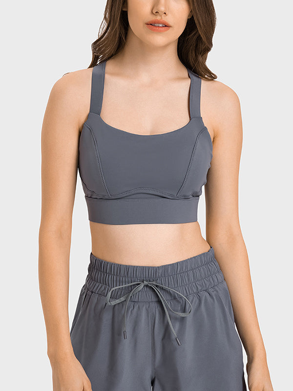 Skinny Wrap Back Cross Yoga Tops Solid Color Spaghetti-Neck Bra