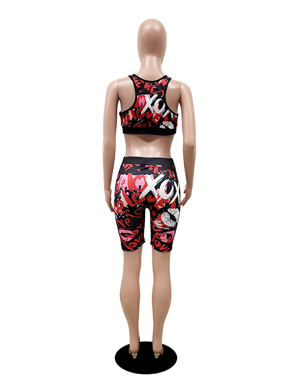 Sleeveless Hollow Letter Print Spaghetti-Neck Sports Bra&Shorts Suits