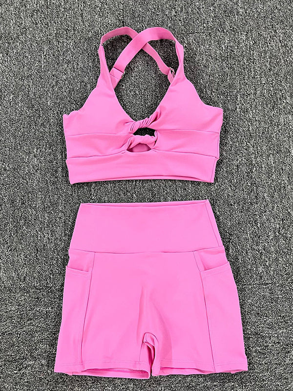 Skinny Wrap Hollow Halter-Neck Sports Bra&Pockets Shorts Solid Color Suits