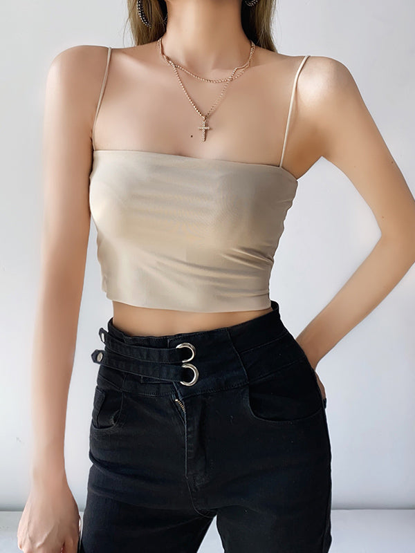 Solid Color Bandeau Flexible Spaghetti-Neck Short Navel Tank