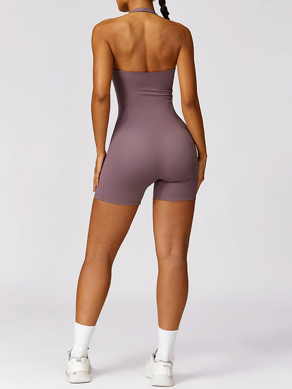 Skinny Wrap Backless Solid Color Halter-Neck Rompers