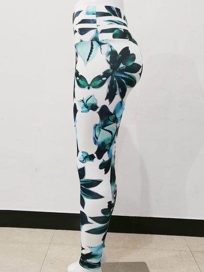 Skinny Leg Wrap Leaf&Floral Printed High-Waisted Leggings