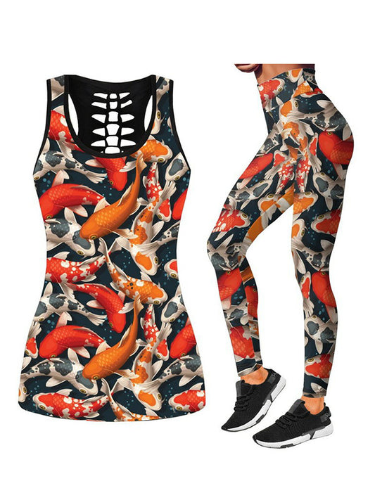 Koi Printed Breathable Hollowed Vest&Leggings Sports Suits