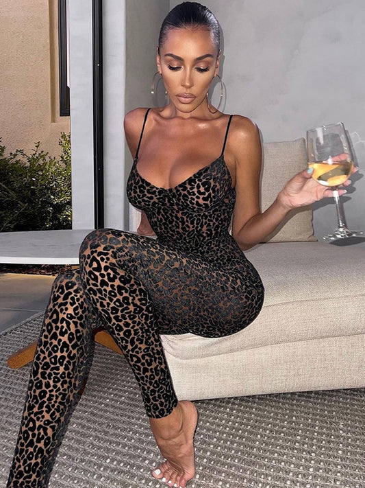 Leopard-Print Mesh Slim-Fit Jumpsuit