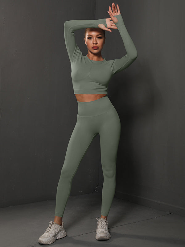 Solid Color Long Sleeve Tee & Leggings Yoga Suits