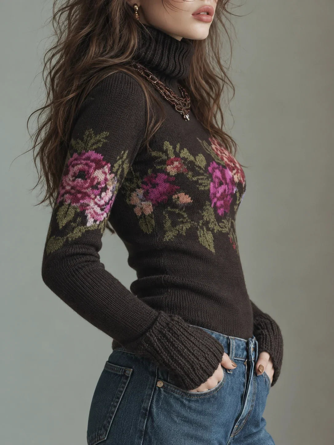 Oil Painting-style Floral Knit Sweater