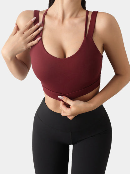 Wrap Back Cross Hollow Solid Color Spaghetti-Neck Sports Bra